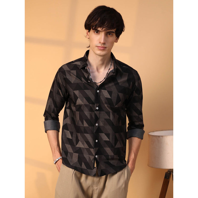 Campus Sutra Mens Midnight Black Geometric Seersucker Shirt (S)