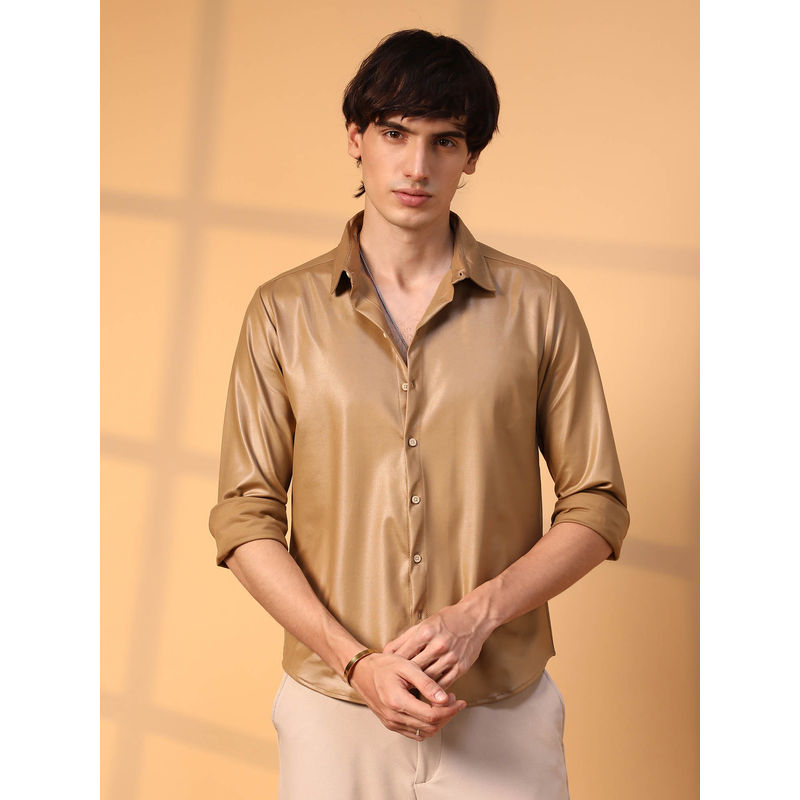 Campus Sutra Mens Camel Brown Solid Suede Shirt (M)