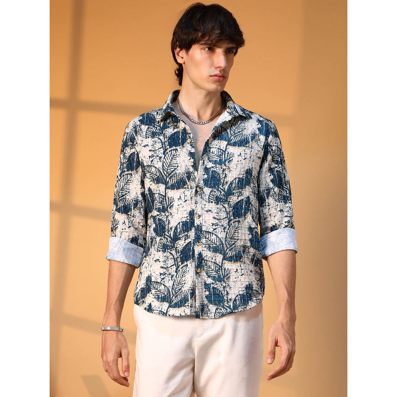 Campus Sutra Mens Ivory White and Indigo Blue Foliage-Waffle Shirt (L)