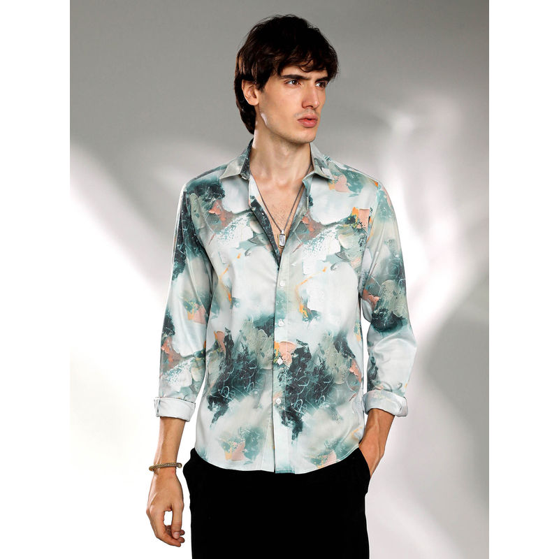 Campus Sutra Mens Jungle Green Faded Bloom Shirt (M)