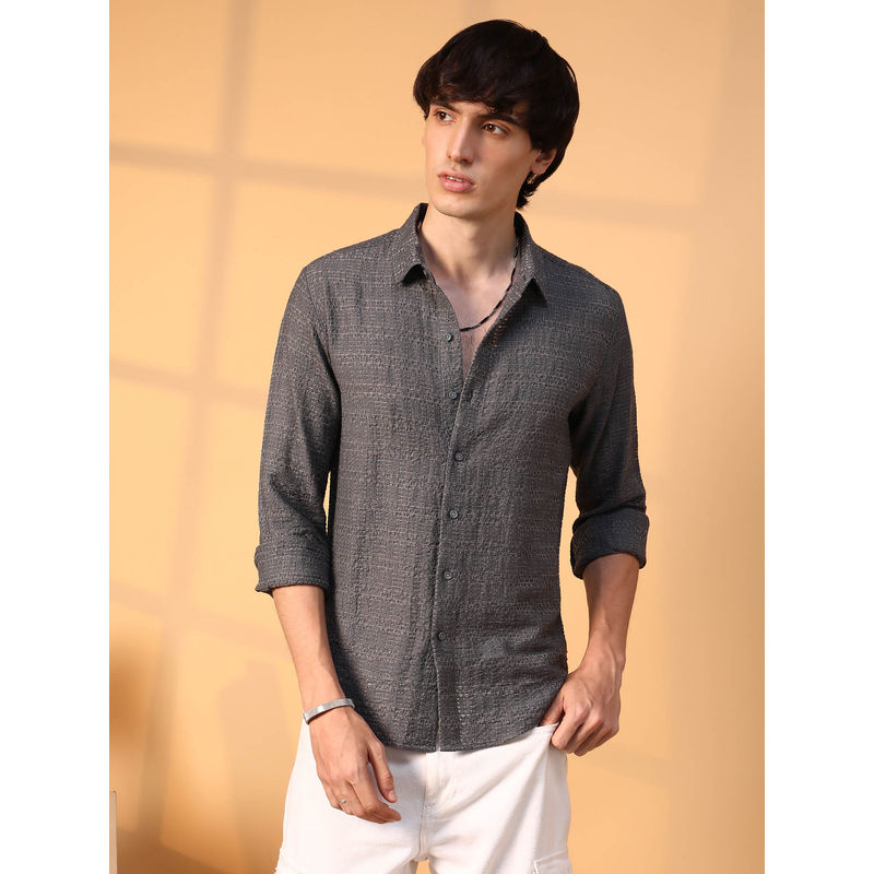 Campus Sutra Mens Charcoal Grey Solid Textured Knit Shirt (S)