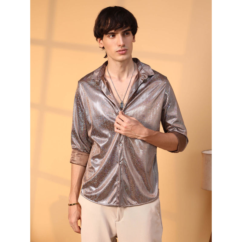 Campus Sutra Mens Metallic Brown Sheen Chevron Shirt (XL)