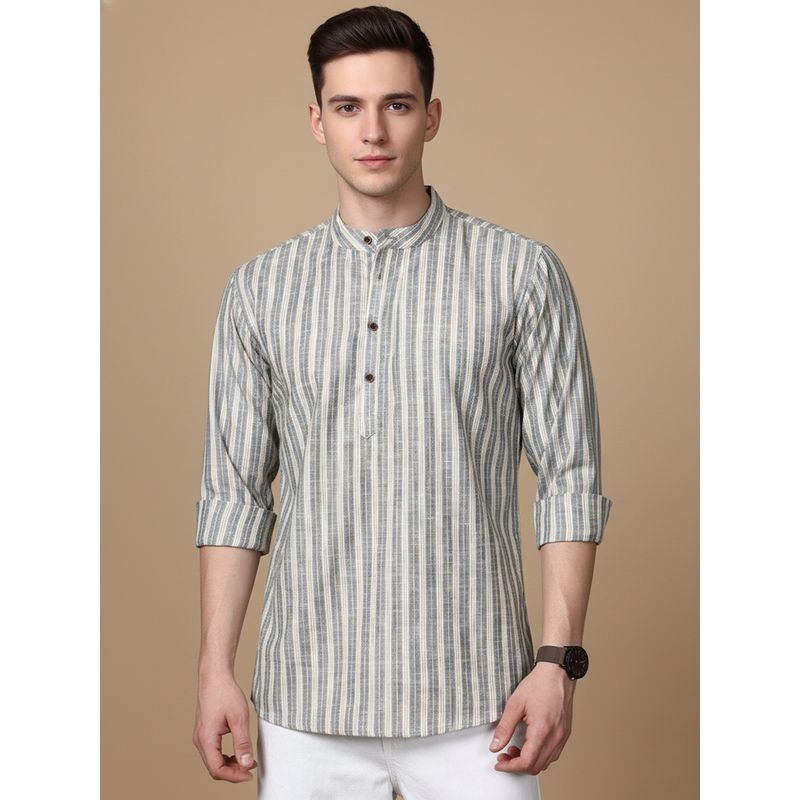 Jompers Grey Cotton Blend Grey Striped Short Kurta (L)