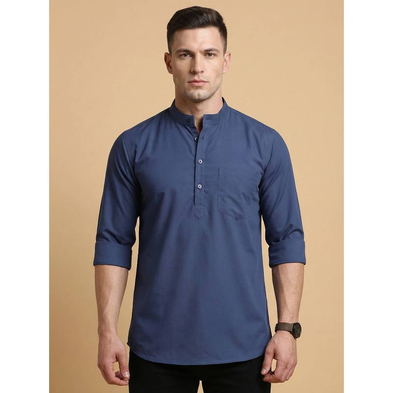 Jompers Blue Casual Solid Short Kurta (L)
