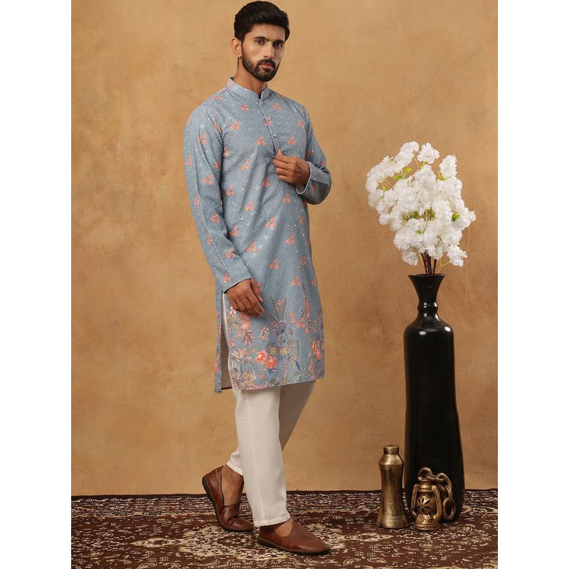 Jompers Blue Festive Cotton Blend Printed Kurta Pyjama Set (S)