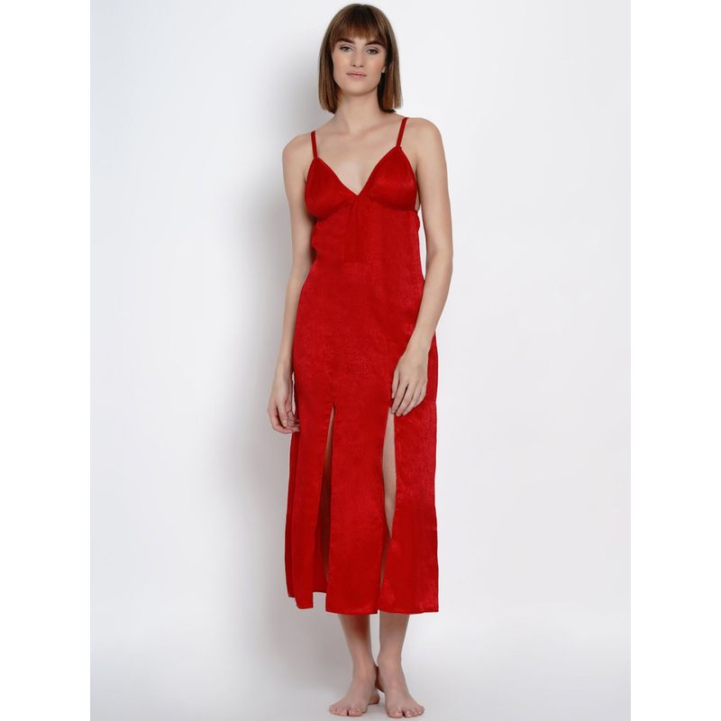 AOBA Women Red Solid Satin Nightdress (M)