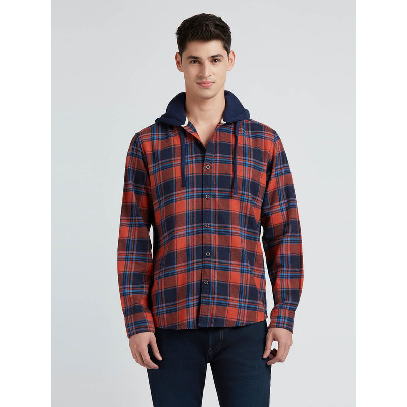 Pepe Jeans Navy Blue & Red Checks Full Sleeve Hooded Shirt (M)