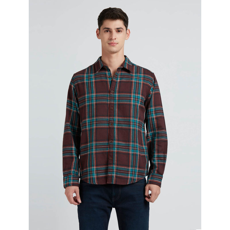 Pepe Jeans Brown & Turquoise Checks Full Sleeve Shirt (L)