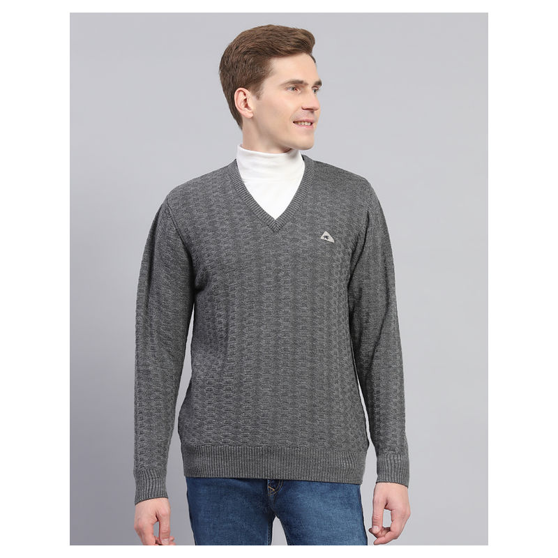 Monte Carlo Mens Textured V Neck Pure Wool Sweater (M)