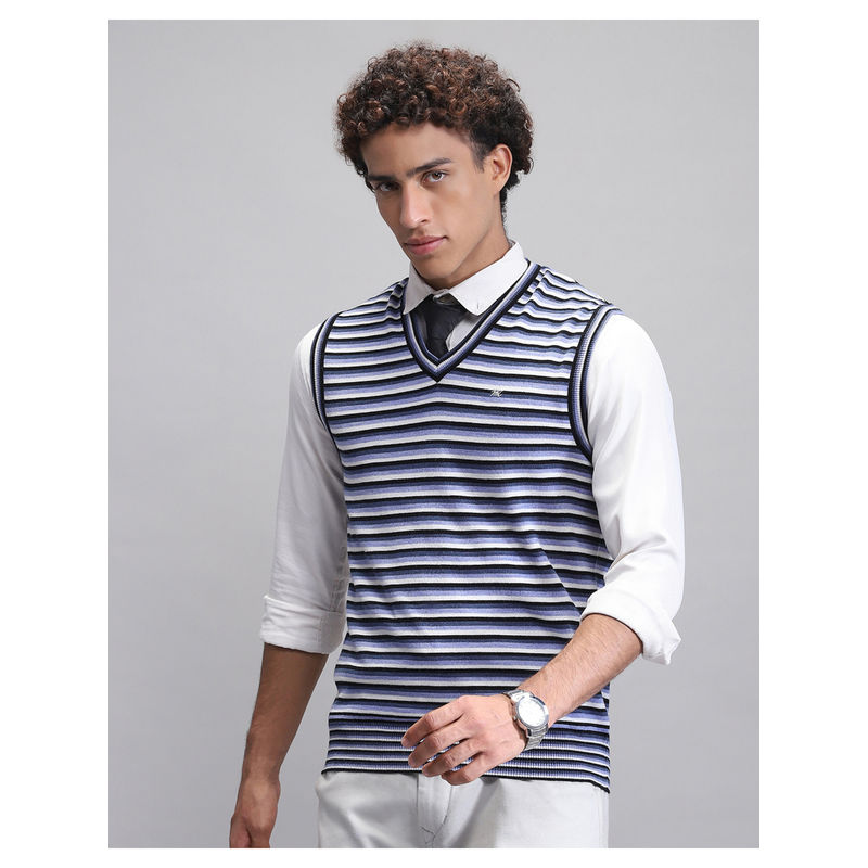 Monte Carlo Mens Striped Navy Blue V Neck Sleeveless Sweater (M)