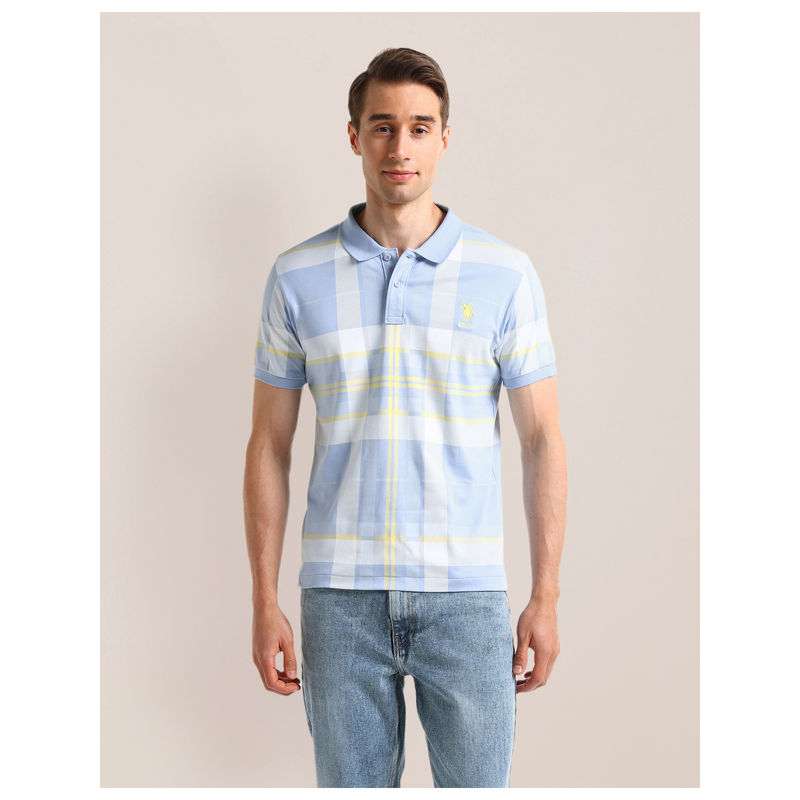 U.S. POLO ASSN. Checked Blue Short Sleeves Polo T-Shirt (XL)