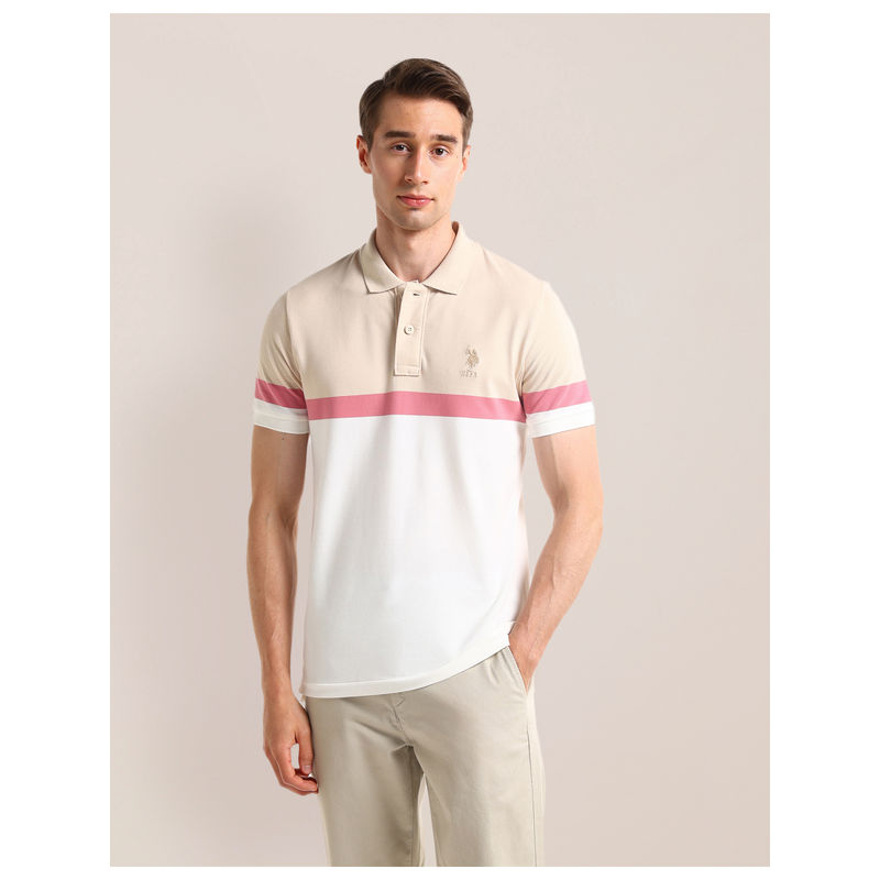 U.S. POLO ASSN. Colourblocked White Short Sleeves Polo T-Shirt (M)