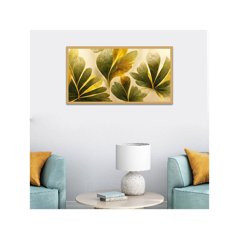 Dekorstation Beautiful Green & Golden Leaves Canvas Wall Painting (12x24 inches)