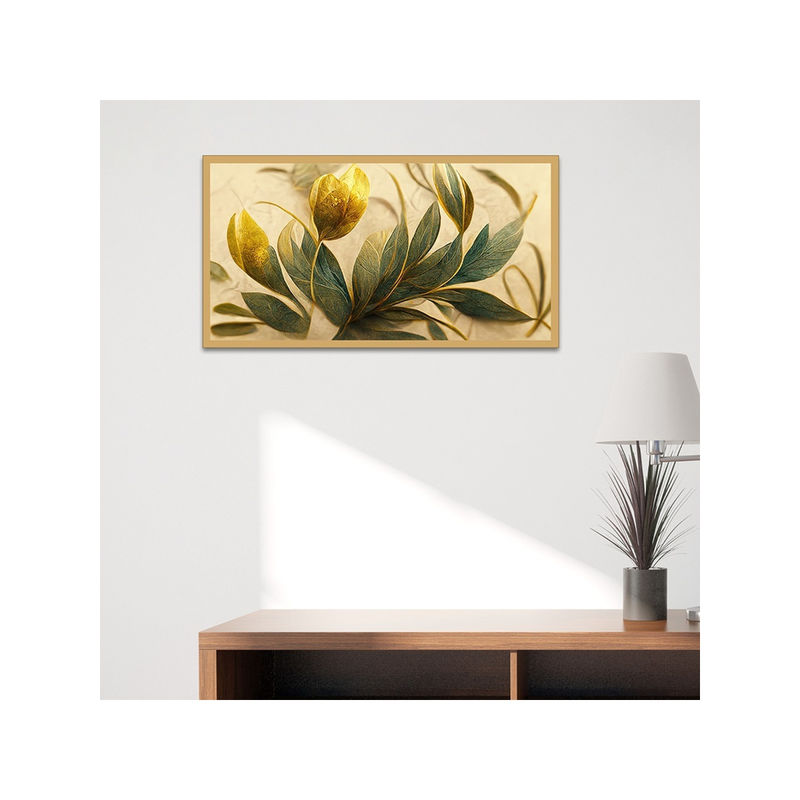 Dekorstation Elegant Golden And Green Flowers And Leaf Canvas Wall Painting (12x24 inches)