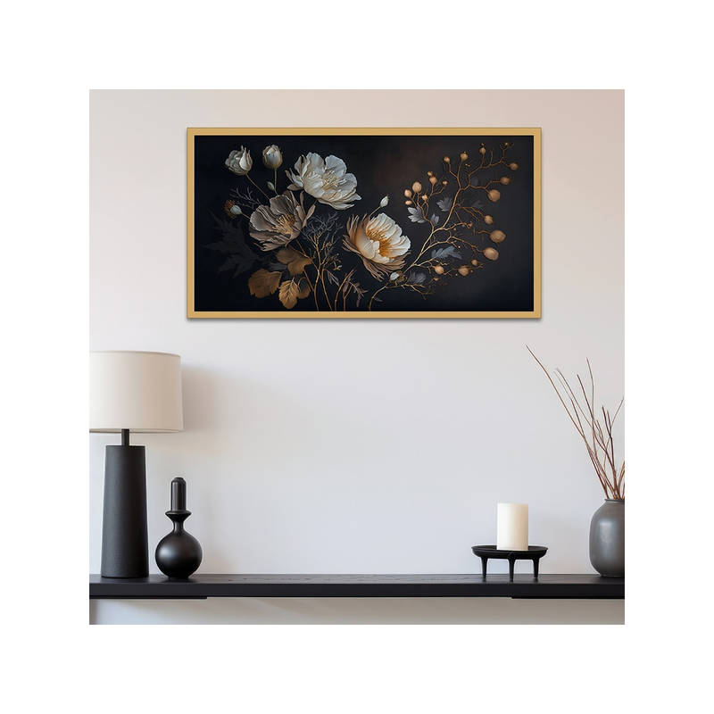 Dekorstation Elegant Golden Flower Canvas Wall Painting (12x24 inches)