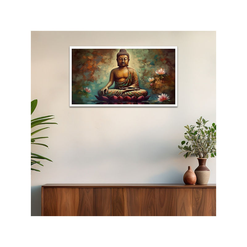 Dekorstation Meditating Buddha with Lotus Flower Religious Canvas Wall Painting (12x24 inches)