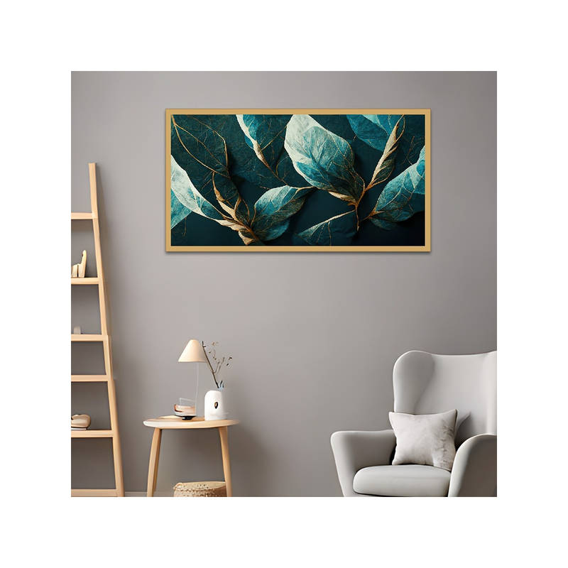 Dekorstation Elegance in Teal Gilded Leaf Abstract Floral Canvas Wall Painting (12x24 inches)