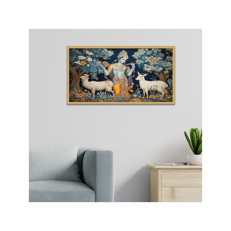 Dekorstation Lord Krishna in Forest with Deer Floating Frame Canvas Wall Painting (12x24 inches)