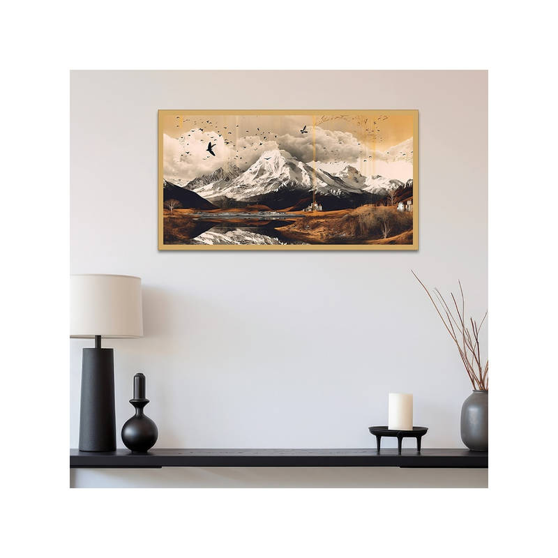 Dekorstation Flock of Birds Flying Over A Snowy Mountain Canvas Wall Painting (12x24 inches)