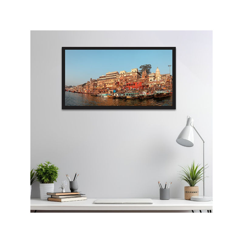 Dekorstation Beautiful View of Varanasi Ghats And Boats Canvas Wall Painting (12x24 inches)