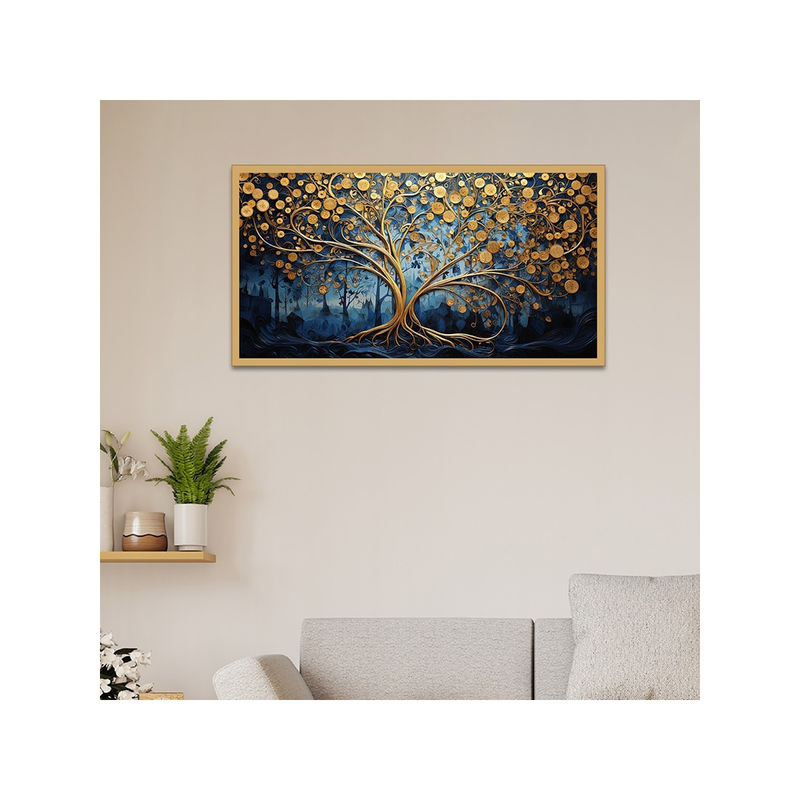 Dekorstation Painting of A Tree with Gold Leaves And Flowers Canvas Wall Painting (12x24 inches)