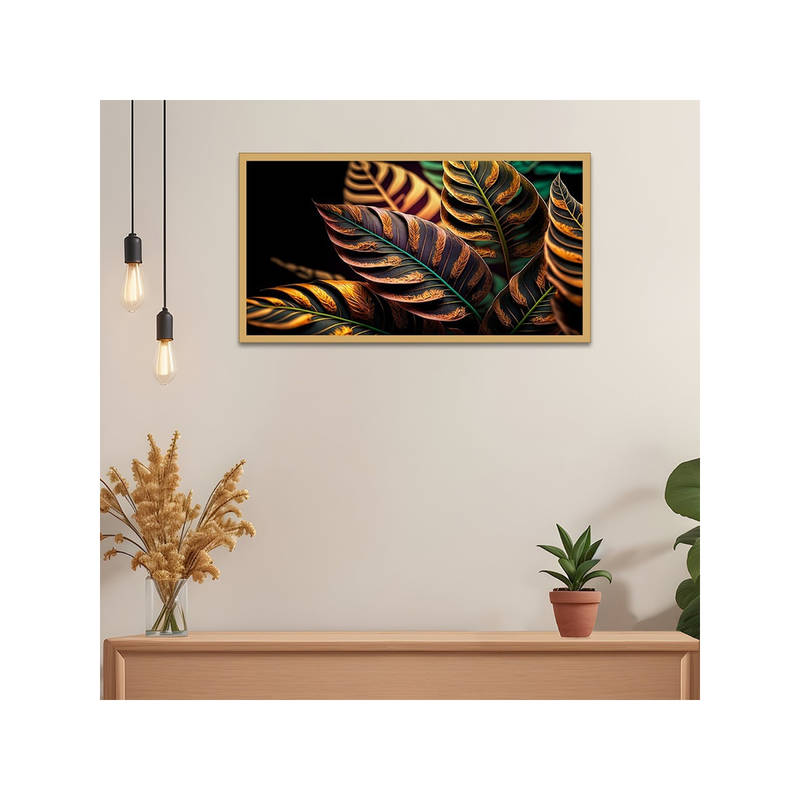 Dekorstation Tropical Leaves Gold And Black Canvas Wall Painting (12x24 inches)