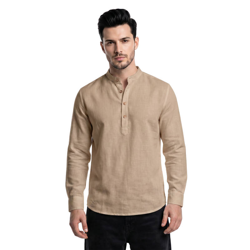 Bonjour Beige Men’s Linen Short Kurta (L)