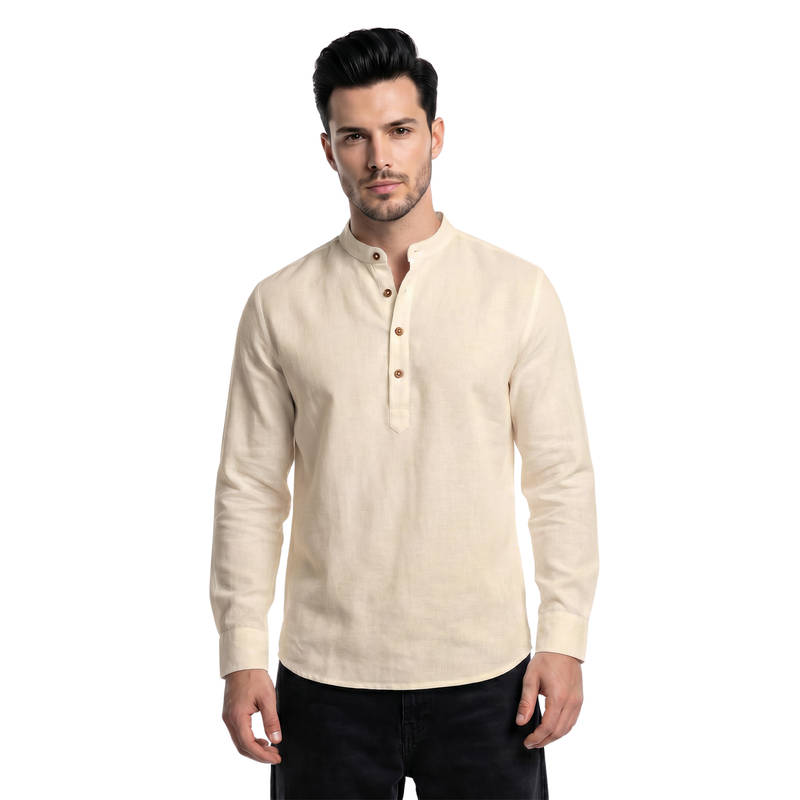 Bonjour Men’s Linen Short Cream Kurta (XL)