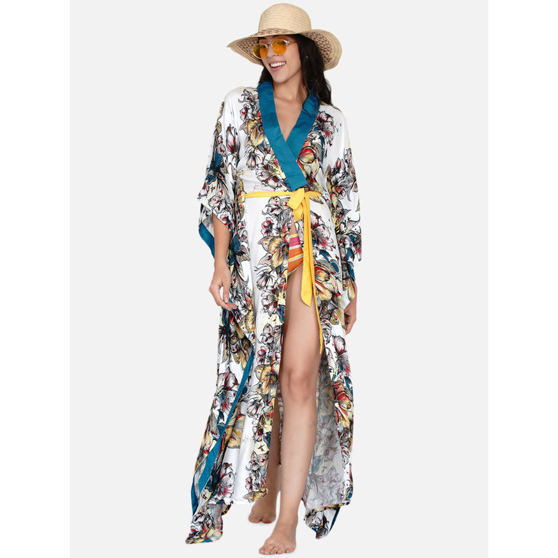 The Kaftan Company White Floral Line Resort Kaftan Coverup (M)
