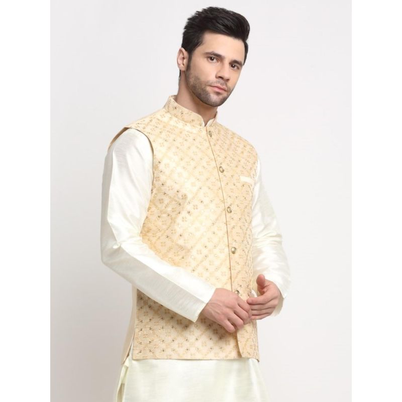 Kraft India Mens Embroidered Zari Beige Nehru Jacket (XL)