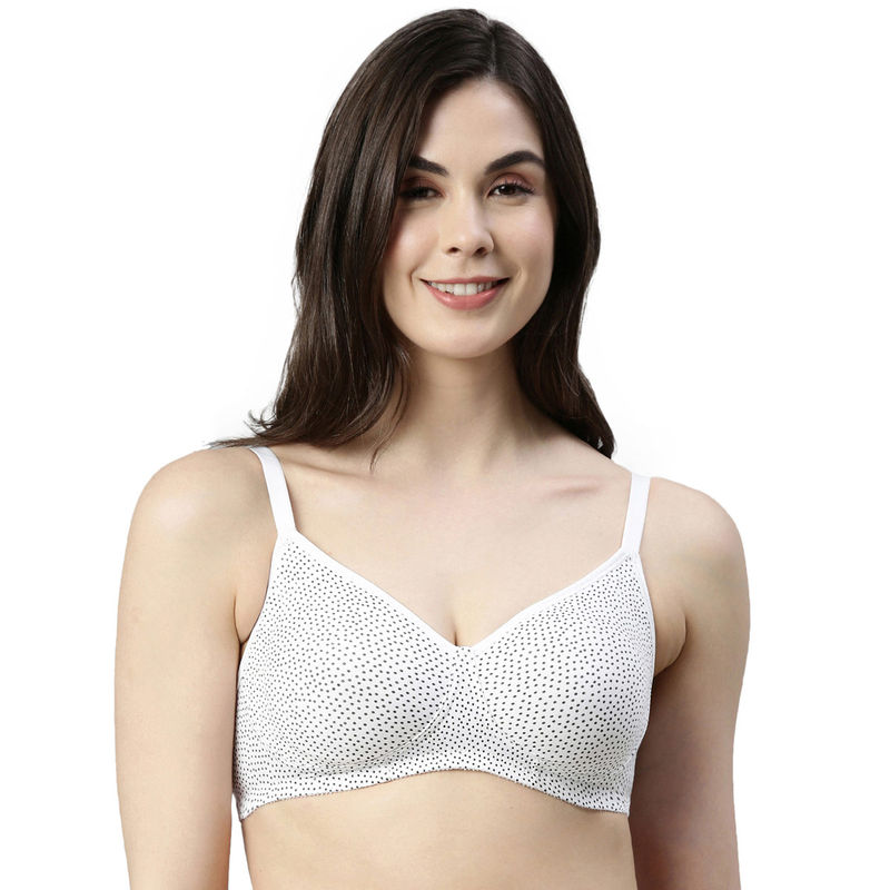 Enamor Womens-A042 Non Padded Side Support Shaper Cotton Everyday Bra-Ditsy Dots Print White (32D)