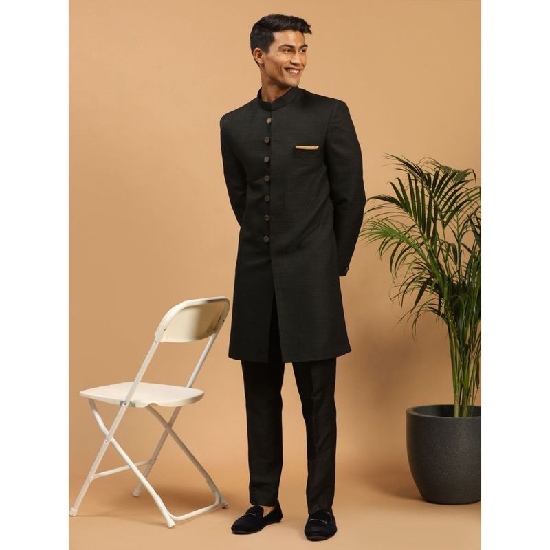 Vastramay Men Black Silk Blend Sherwani (Set of 2) (M)