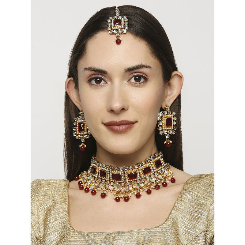 Buy OOMPH Red Maroon Stone & Kundan Heavy Ethnic Necklace Set with ...