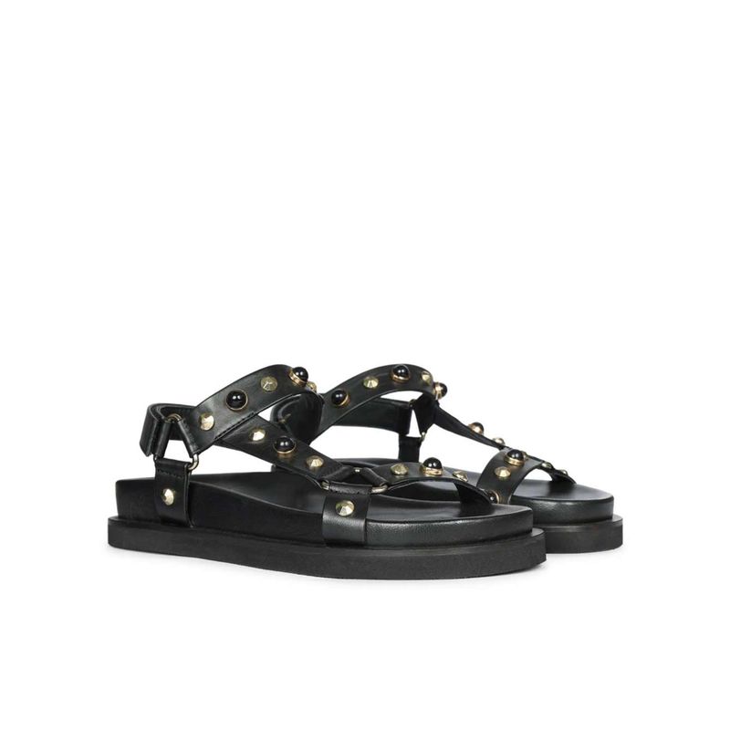 Saint G Saintg Womens Pearl Metal Studs Black Leather Sandals (EURO 36)