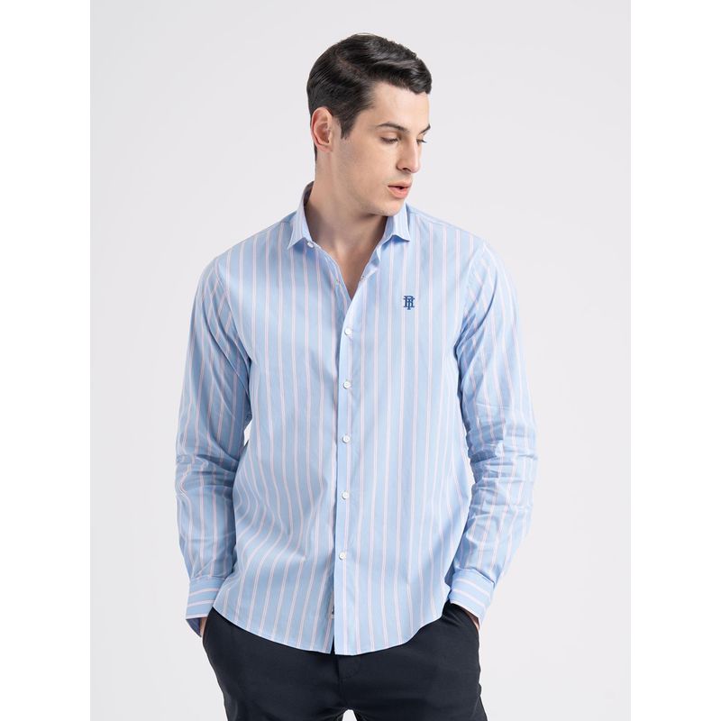 Red Tape Mens Mid Blue Stripes Cotton Nylon Spandex Loose Fit Spread Collar Shirt (XL)