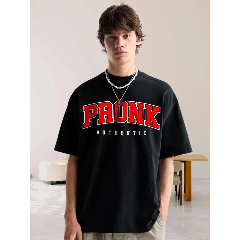 PRONK Mens Black Cotton Printed Round Neck Half Sleeves Oversized T-Shirt (XL)