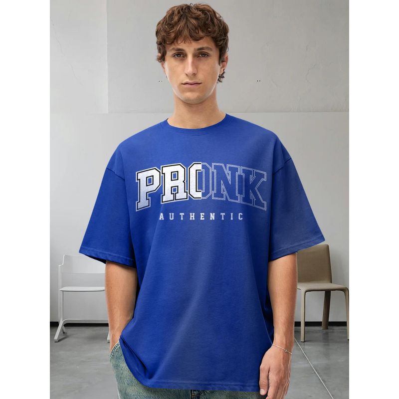 PRONK Mens Blue Cotton Printed Round Neck Half Sleeves Oversized T-Shirt (L)