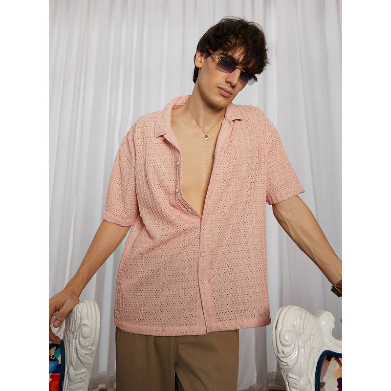 Campus Sutra Men's Blush Pink Hollow Knit Oversized Casual Shirt (XL)