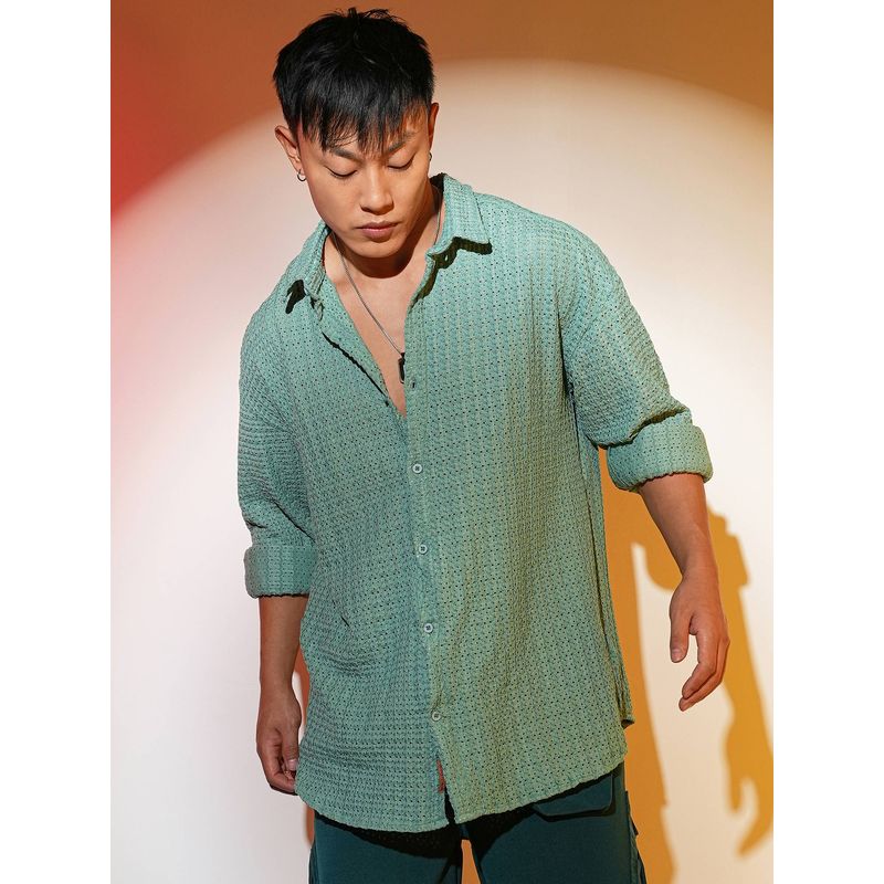Campus Sutra Men's Sea Green Hollow Knit Oversized Casual Shirt (M)