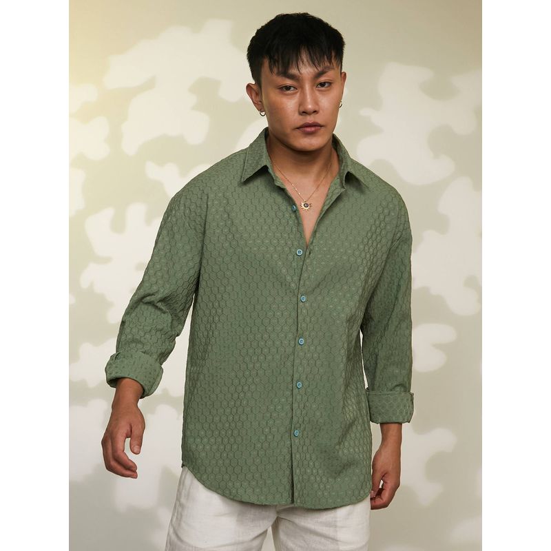 Campus Sutra Men's Green Spread Collar Oversized Casual Shirt (S)