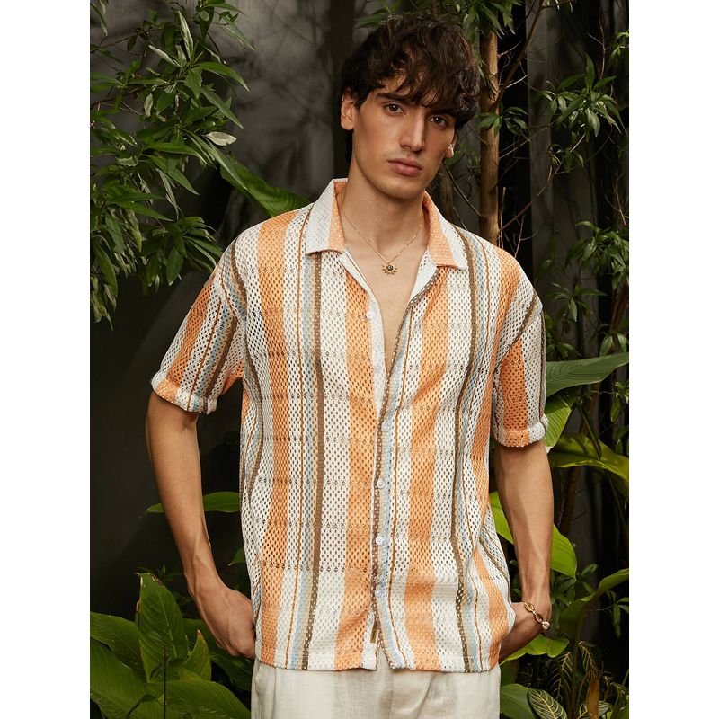Campus Sutra Men's Coral Orange and Saltbox Beige Knit Oversized Casual Shirt (XL)