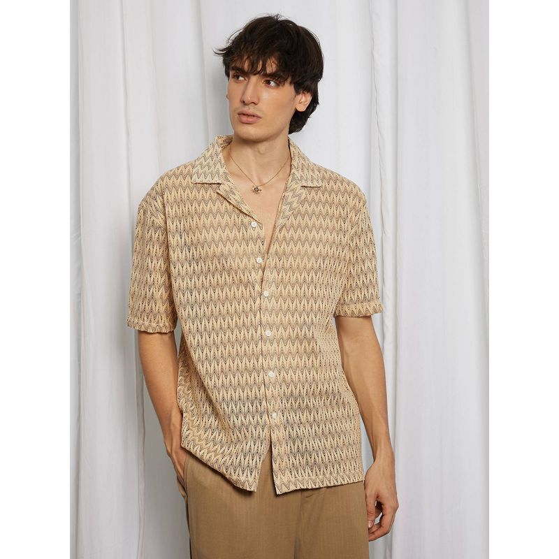 Campus Sutra Men's Canvas Beige Chevron Knit Casual Shirt (S)