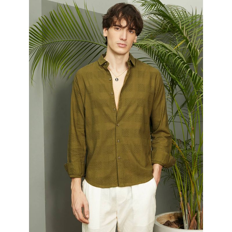 Campus Sutra Men's Khaki Green Hive Checkered Casual Shirt (M)
