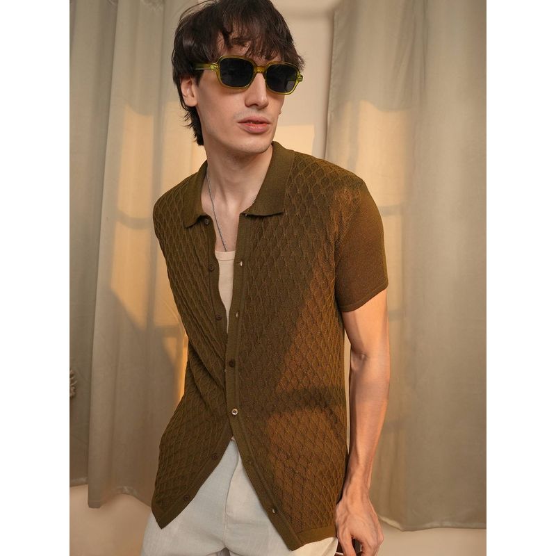CAHOOT Men's Brown Textured Casual Shirt (L)
