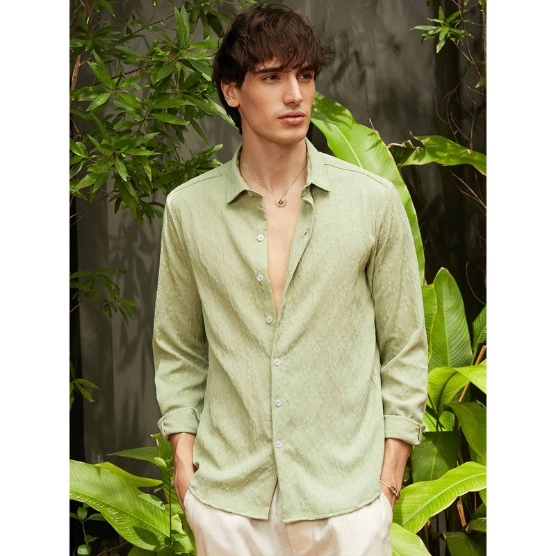 Campus Sutra Men's Avocado Green Textured Casual Shirt (L)