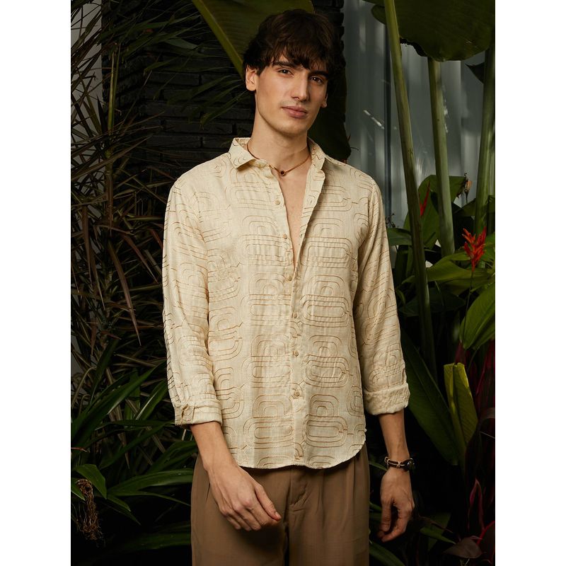 Campus Sutra Men's Khaki Beige Curve-Lined Casual Shirt (L)