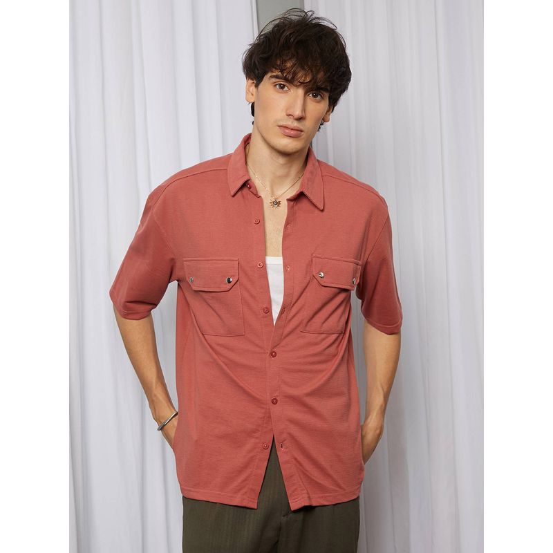 Campus Sutra Men's Terracotta Coral Utility Knit Casual Shirt (S)