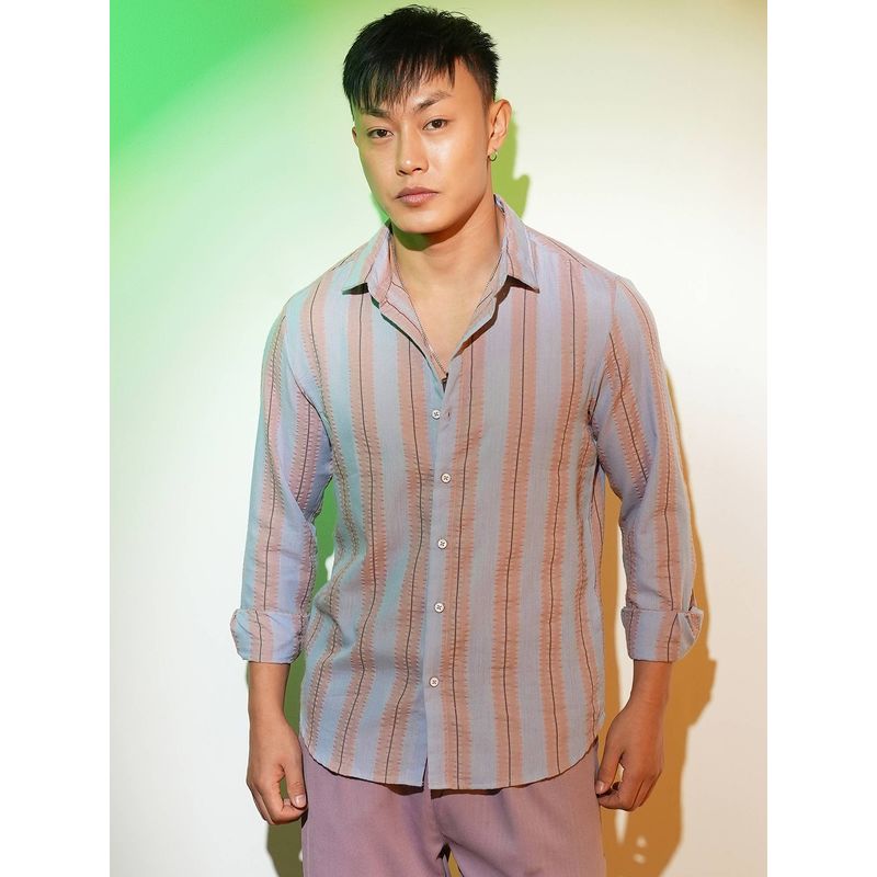 Campus Sutra Men's Icy Blue and Nude Beige Striped Seersucker Casual Shirt (S)