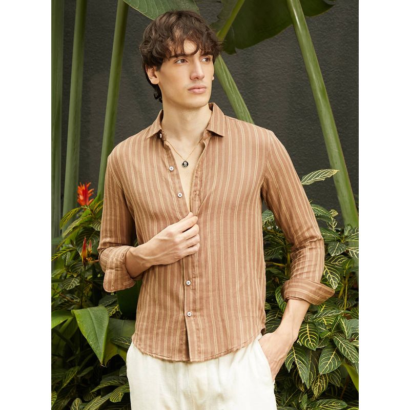 Campus Sutra Men's Tan Brown Halo Striped Casual Shirt (L)