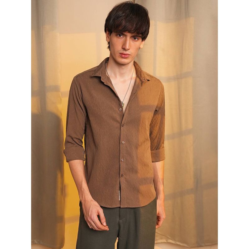 Campus Sutra Men's Brown Textured Casual Shirt (S)